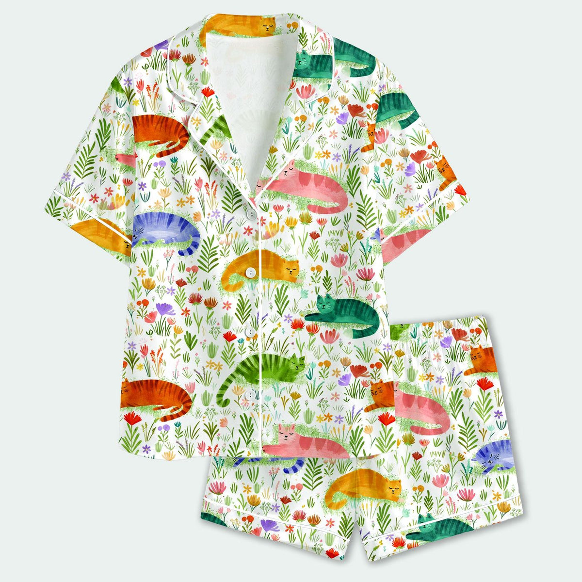 Cute Cat and Floral Satin Pajama Set for Cozy Sleepwear - Colorful Flowers & Botanical Print