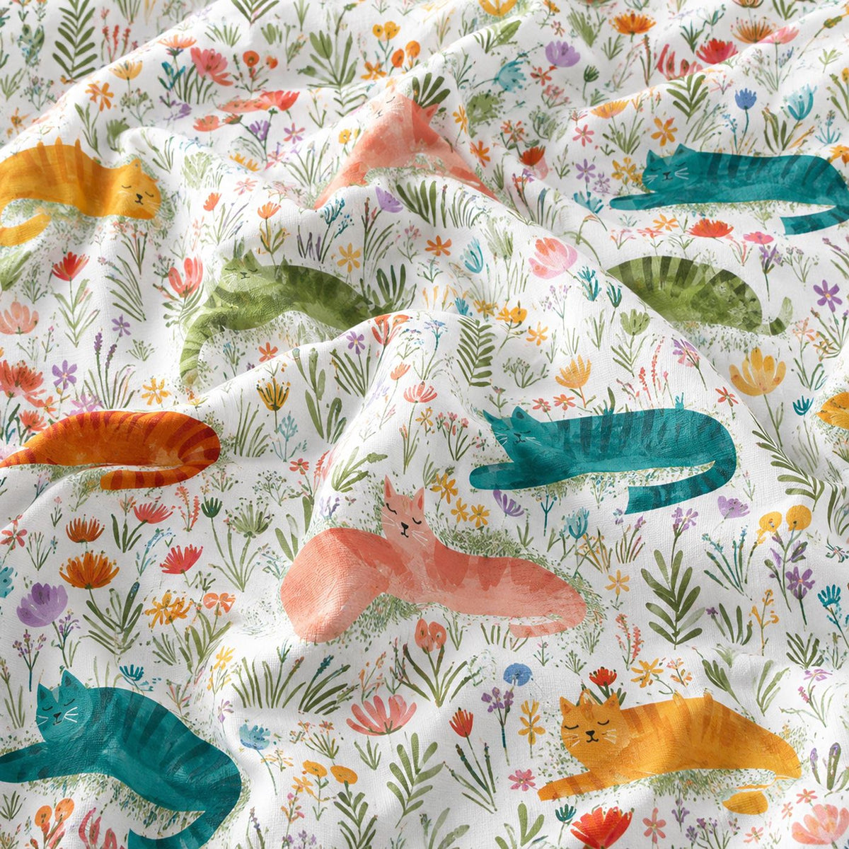 Cute Cat and Floral Satin Pajama Set for Cozy Sleepwear - Colorful Flowers & Botanical Print