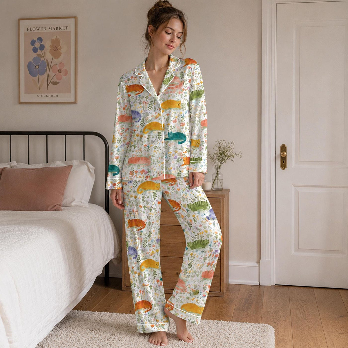 Cute Cat and Floral Satin Pajama Set for Cozy Sleepwear - Colorful Flowers & Botanical Print