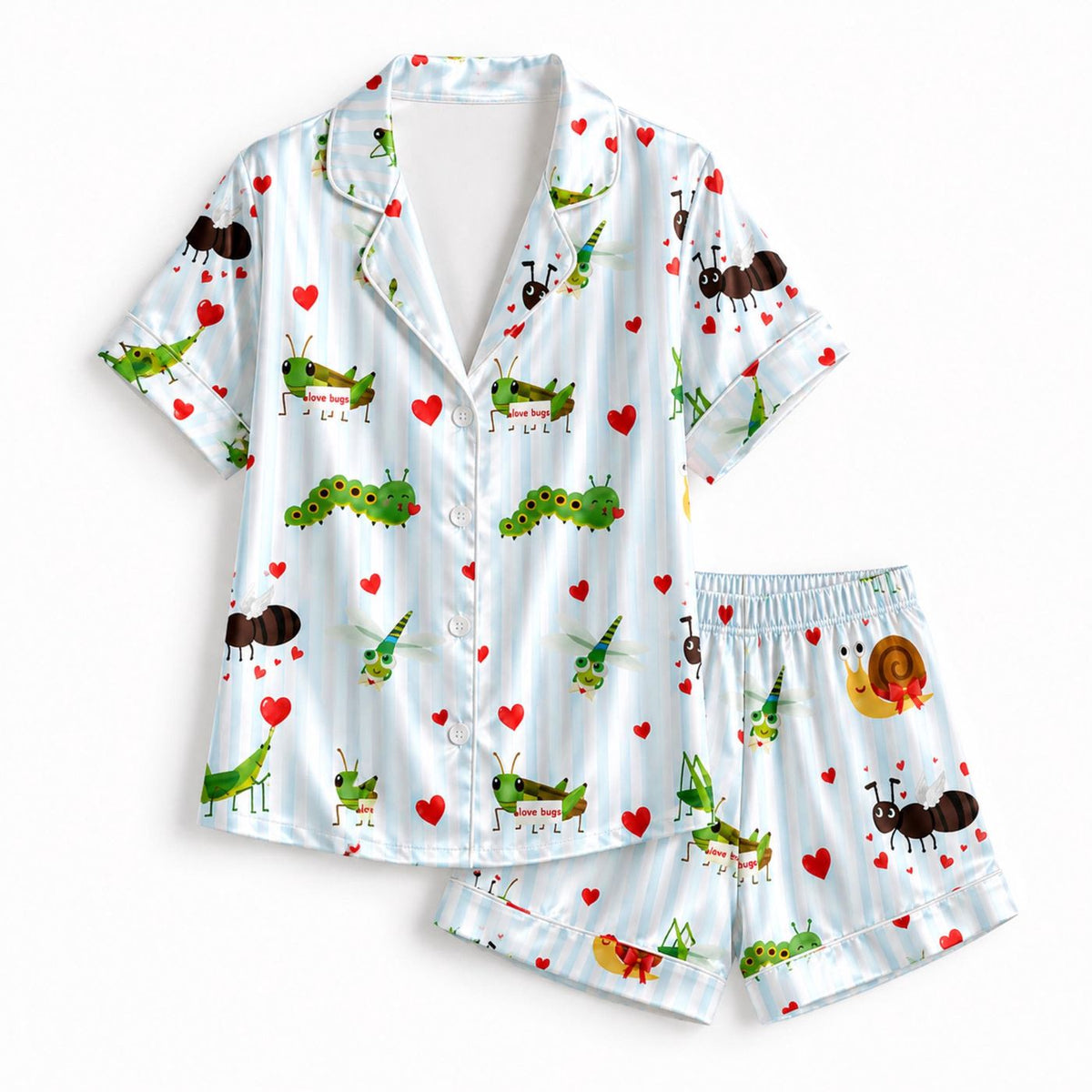 Cute Garden Bug Satin Pajama Set: Caterpillar Ant Snail & Heart Pattern - Cozy Sleepwear