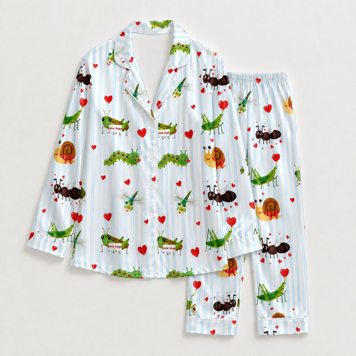 Cute Garden Bug Satin Pajama Set - Caterpillar Ant Snail Heart Pattern for Cozy Sleepwear