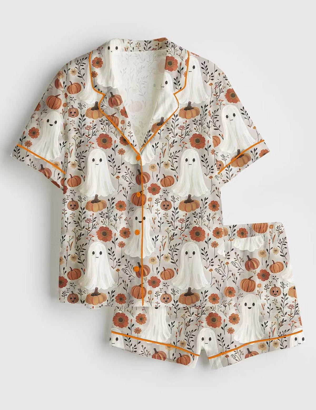 Cute Ghost Pumpkin Satin Pajama Set for Women - Halloween Short Sleeve Pjs Spooky Kawaii Sleepwear & Fall Loungewear