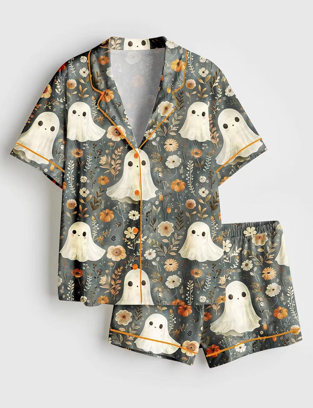 Cute Ghost Pumpkin Satin Pajama Set for Women - Halloween Short Sleeve Pjs Spooky Kawaii Sleepwear Festive Loungewear Gift