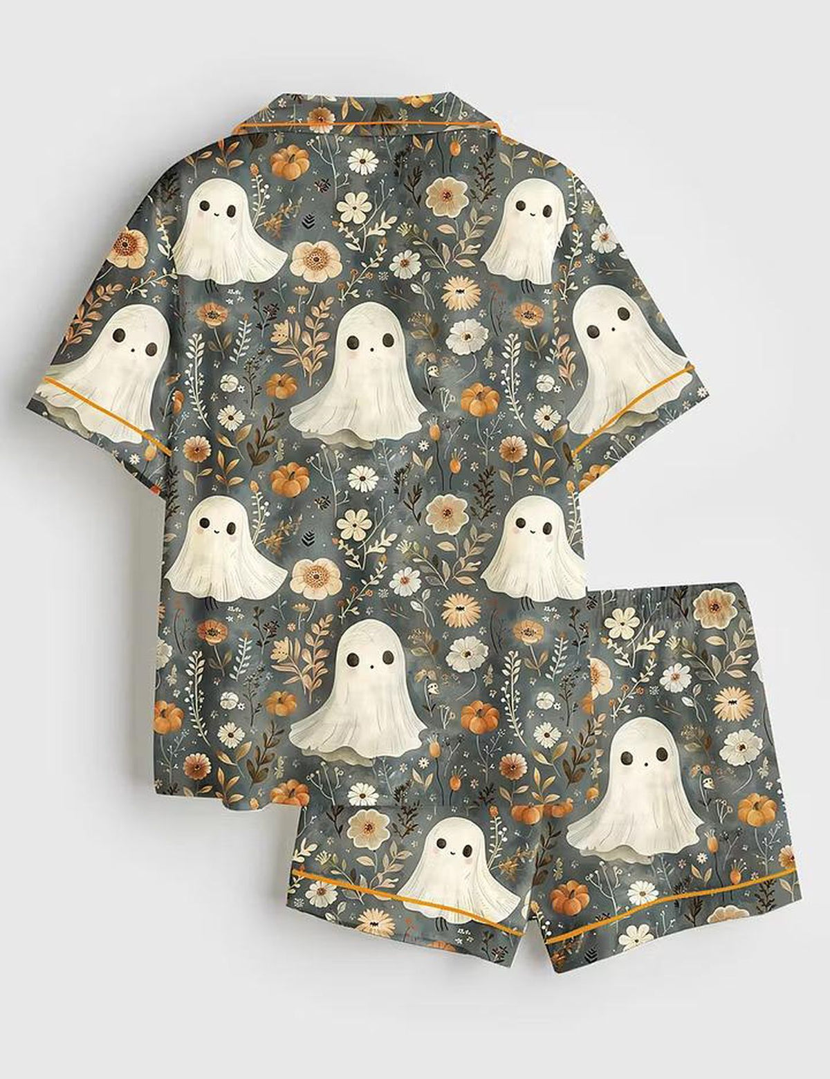 Cute Ghost Pumpkin Satin Pajama Set for Women - Halloween Short Sleeve Pjs Spooky Kawaii Sleepwear Festive Loungewear Gift