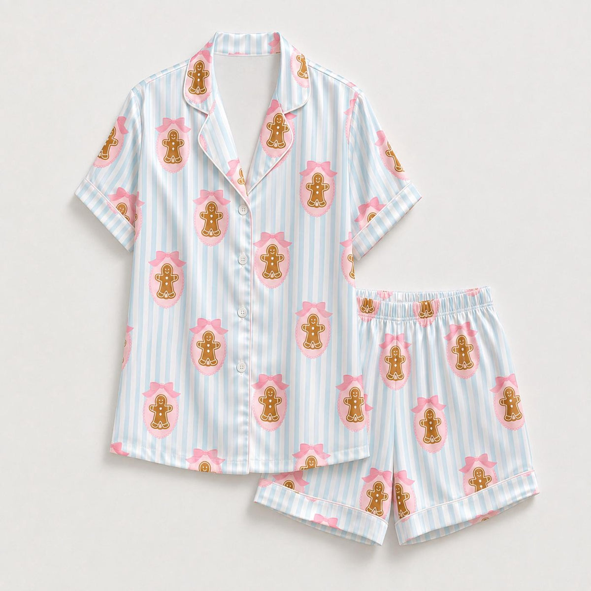 Cozy Gingerbread Satin Pajama Set with Pink Bow & Blue Stripe Christmas Pattern