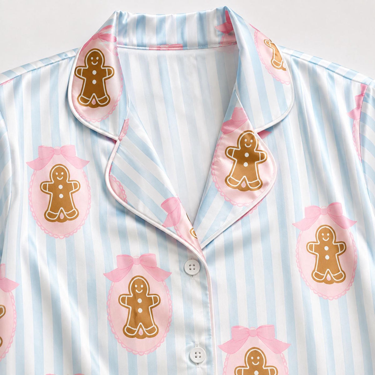 Cozy Gingerbread Satin Pajama Set with Pink Bow & Blue Stripe Christmas Pattern