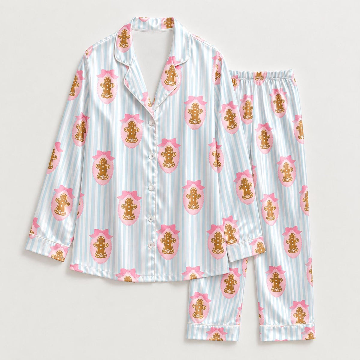 Cozy Gingerbread Satin Pajama Set with Pink Bow & Blue Stripe Christmas Pattern