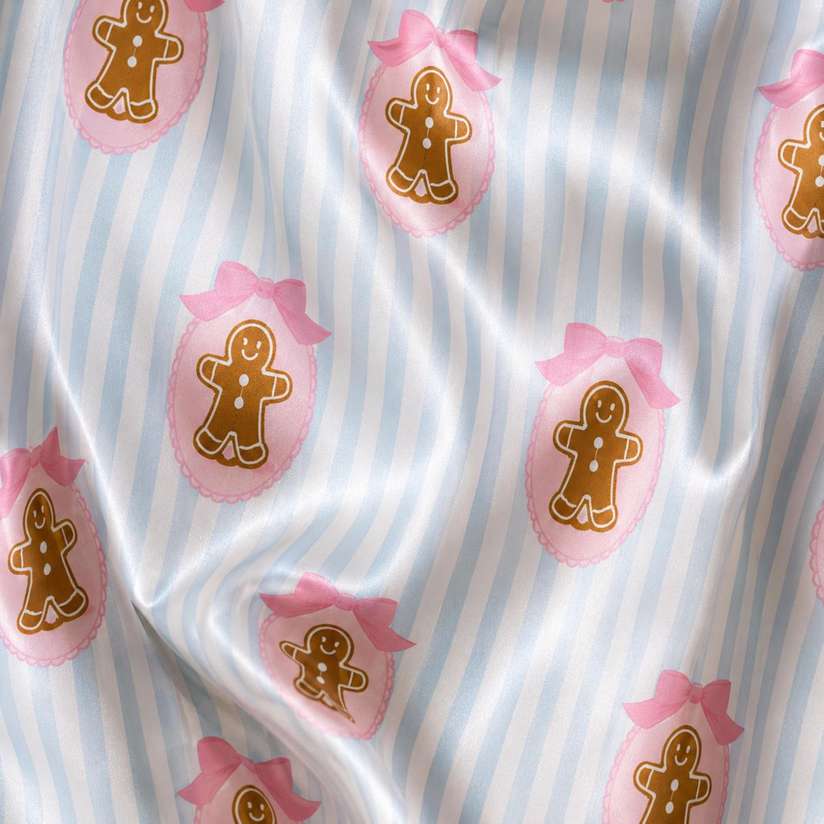 Cozy Gingerbread Satin Pajama Set with Pink Bow & Blue Stripe Christmas Pattern