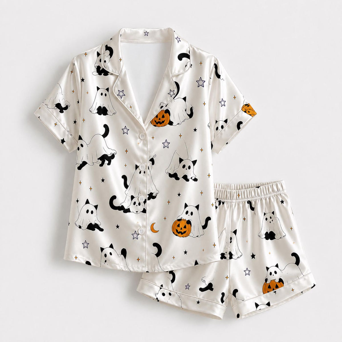 Cozy Halloween Satin Pajama Set: Ghost Black Cat & Pumpkin Pattern for Spooky Sleepwear