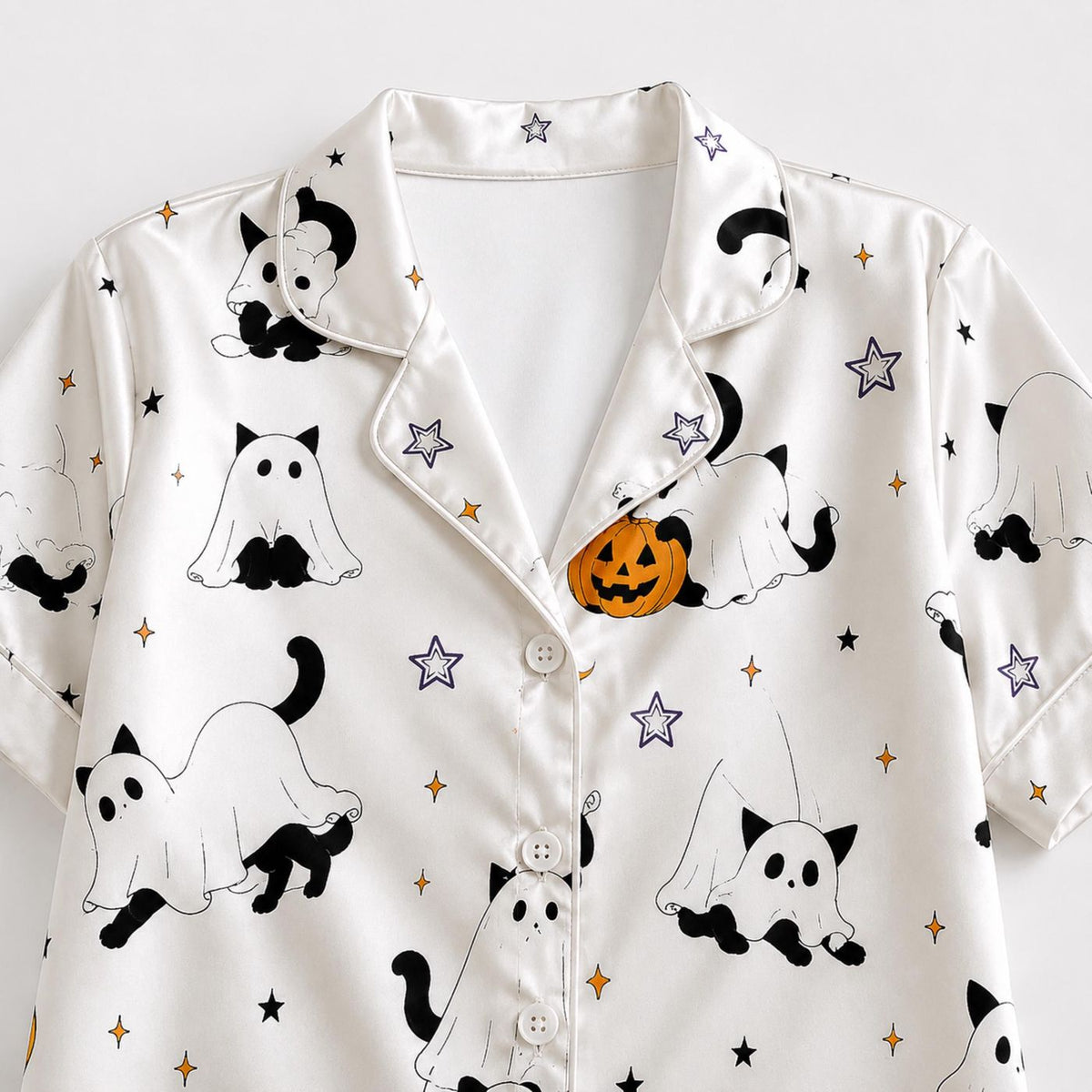 Cozy Halloween Satin Pajama Set: Ghost Black Cat & Pumpkin Pattern for Spooky Sleepwear