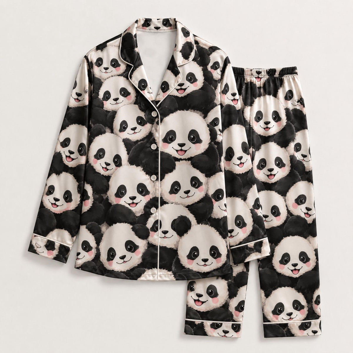 Cozy Panda Satin Pajama Set with Bear Pattern for Playful Loungewear