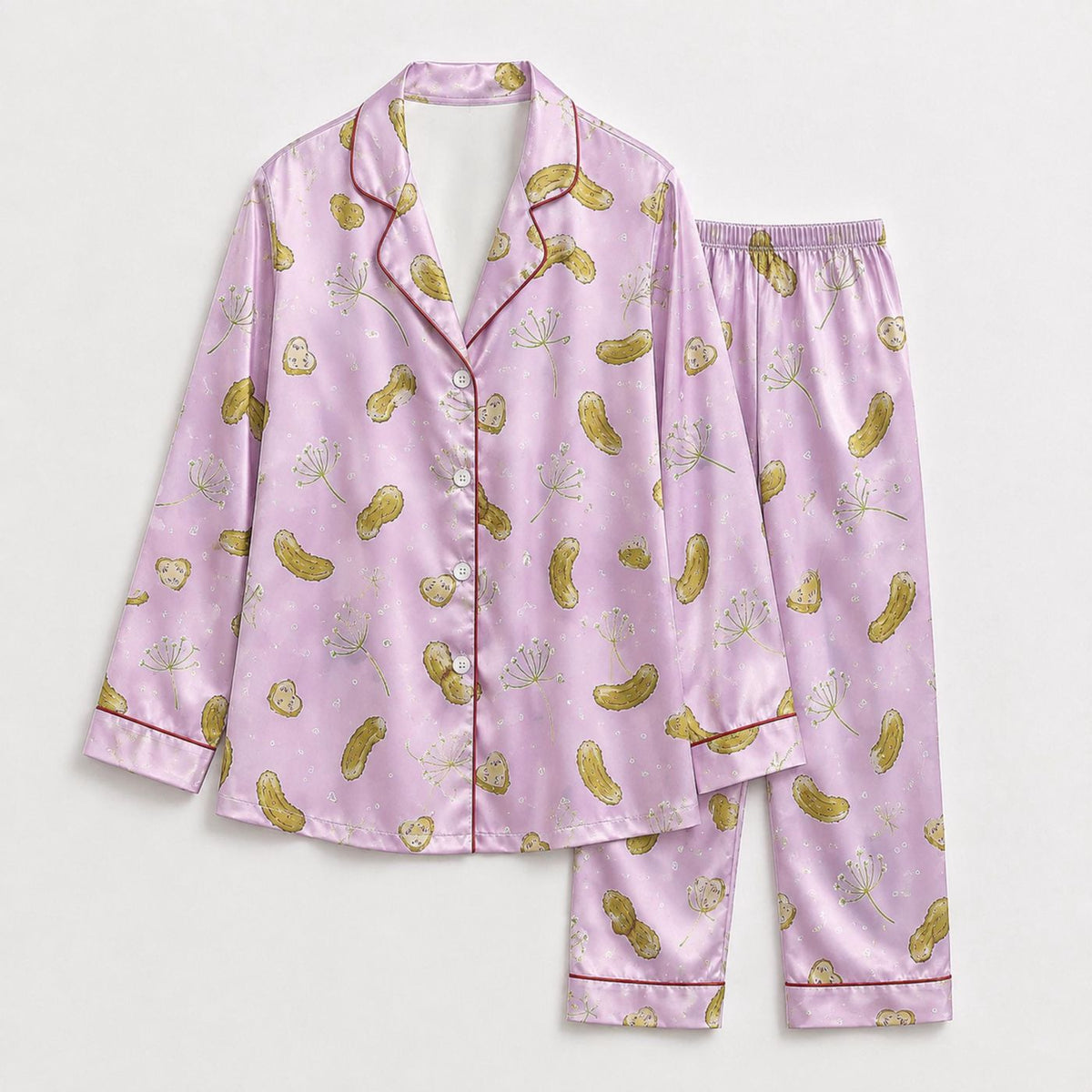 Cute Pickle Satin Pajama Set: Playful Dill Pickle Pattern for Cozy Sleepwear
