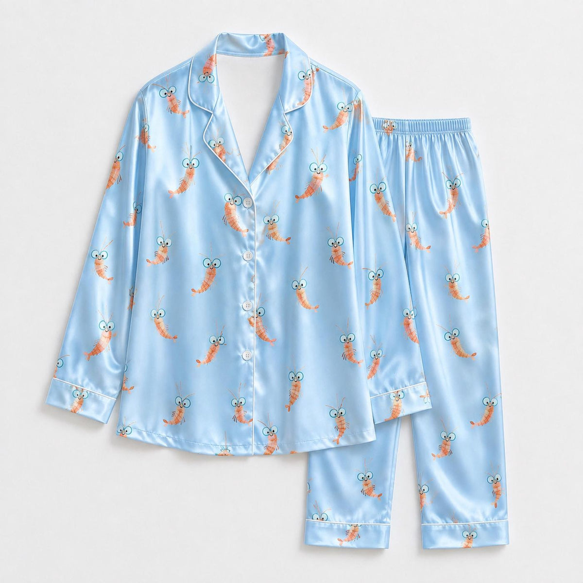 Cute Shrimp Satin Pajama Set: Playful Sea Creature Pattern for Cozy Sleepwear