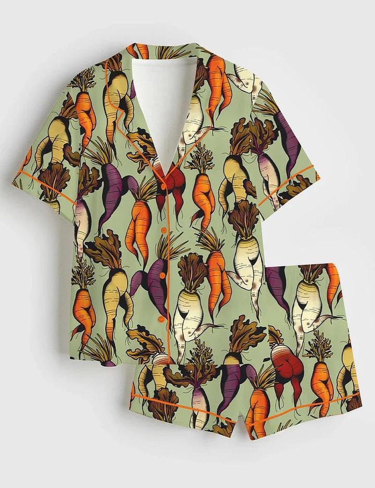 Dancing Carrots Satin Pajama Set, Whimsical Green Short Sleeve Sleepwear, Silky Garden Party PJs, Cute Vegetable Loungewear