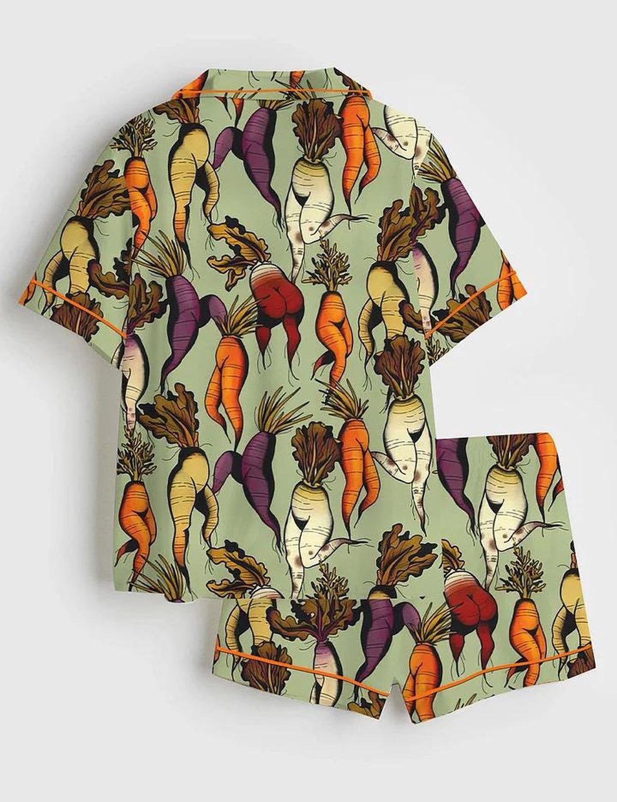 Dancing Carrots Satin Pajama Set, Whimsical Green Short Sleeve Sleepwear, Silky Garden Party PJs, Cute Vegetable Loungewear