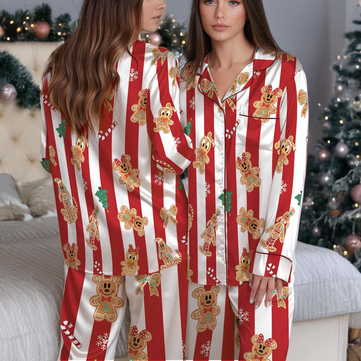 Disney Christmas Satin Pajamas Set Mickey And Friends Gingerbread Bakery Xmas Holiday Sleepwear