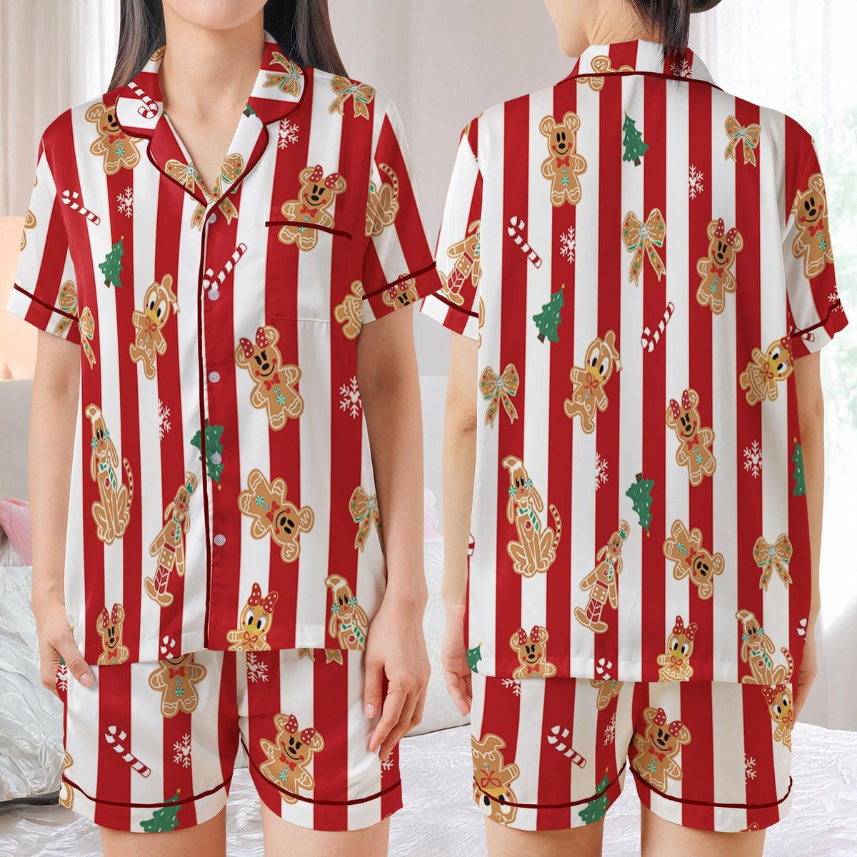 Disney Christmas Satin Pajamas Set Mickey And Friends Gingerbread Bakery Xmas Holiday Sleepwear