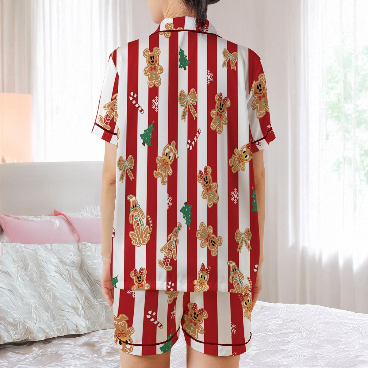 Disney Christmas Satin Pajamas Set Mickey And Friends Gingerbread Bakery Xmas Holiday Sleepwear