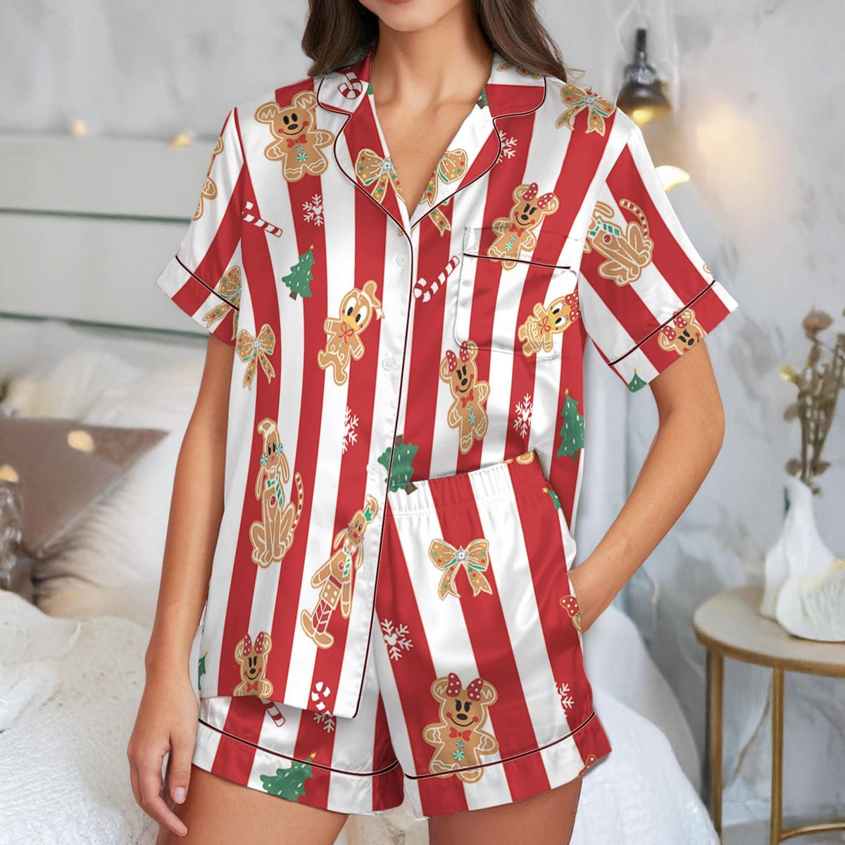 Disney Christmas Satin Pajamas Set Mickey And Friends Gingerbread Bakery Xmas Holiday Sleepwear