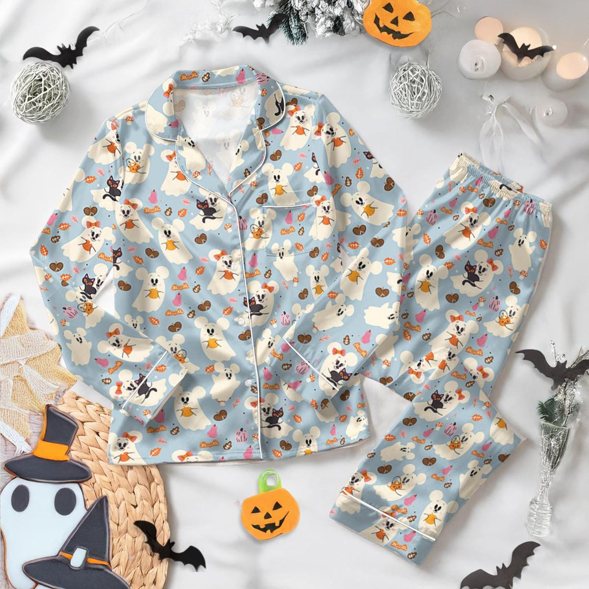 Disney Halloween Mickey Ghost Pumpkin Satin Pajamas Women Halloween Loungewear