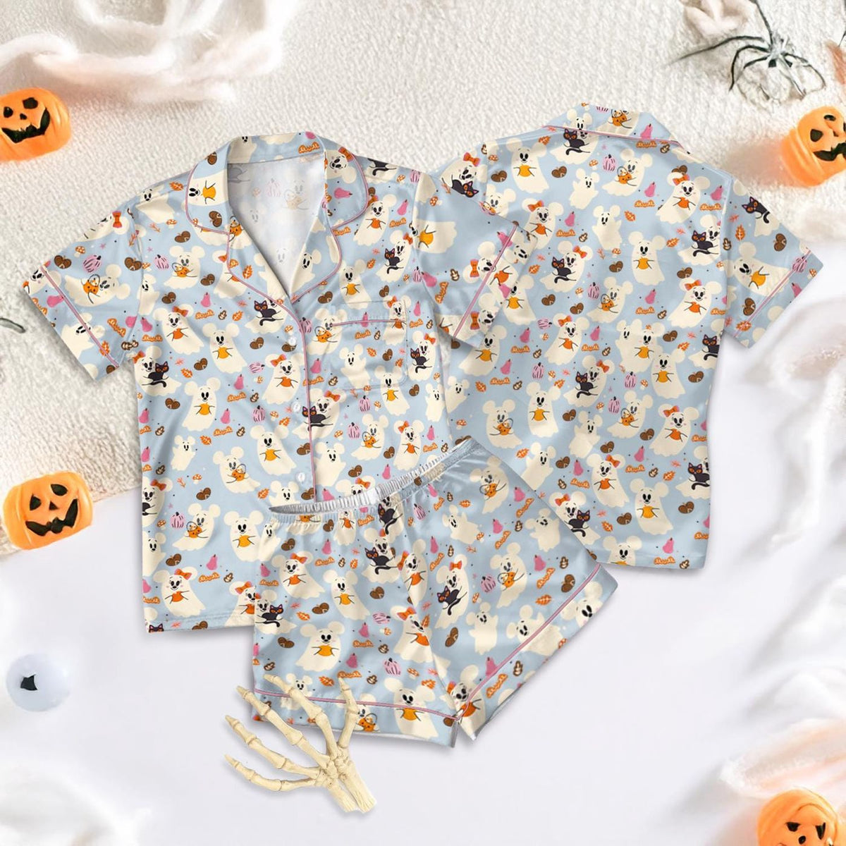 Disney Halloween Mickey Ghost Pumpkin Satin Pajamas Women Halloween Loungewear