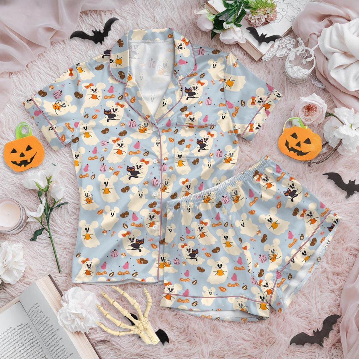 Disney Halloween Mickey Ghost Pumpkin Satin Pajamas Women Halloween Loungewear