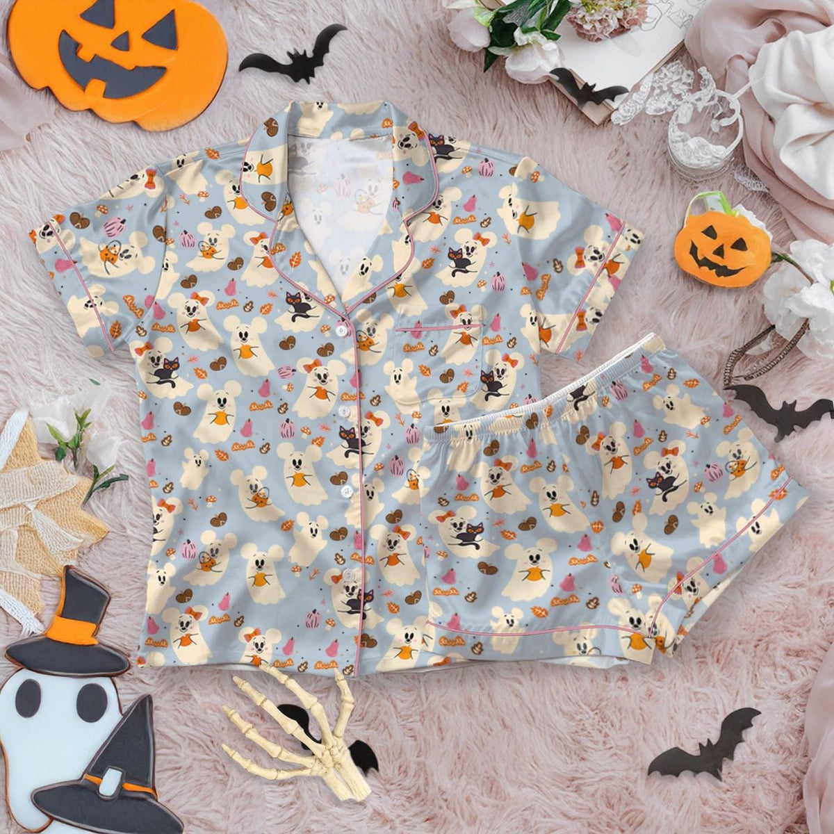 Disney Halloween Mickey Ghost Pumpkin Satin Pajamas Women Halloween Loungewear