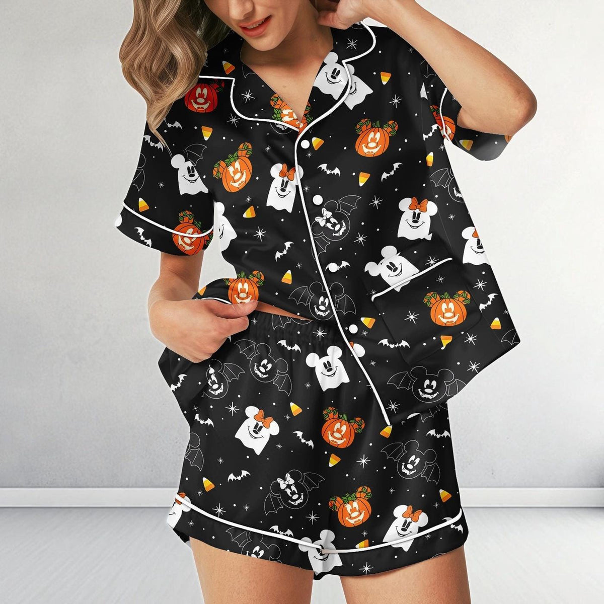 Disney Halloween Satin Pajamas Black Pumpkin Ghost Mickey Sleepwear