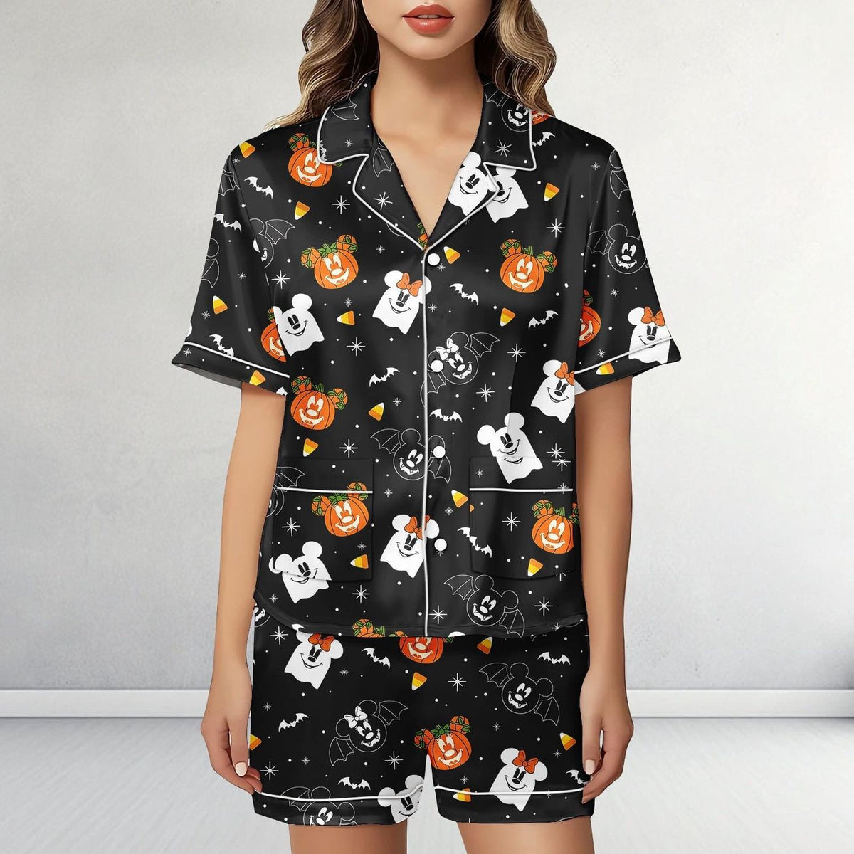 Disney Halloween Satin Pajamas Black Pumpkin Ghost Mickey Sleepwear