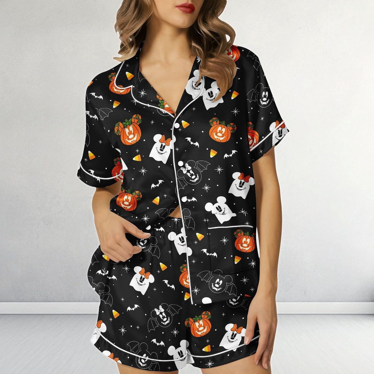 Disney Halloween Satin Pajamas Black Pumpkin Ghost Mickey Sleepwear