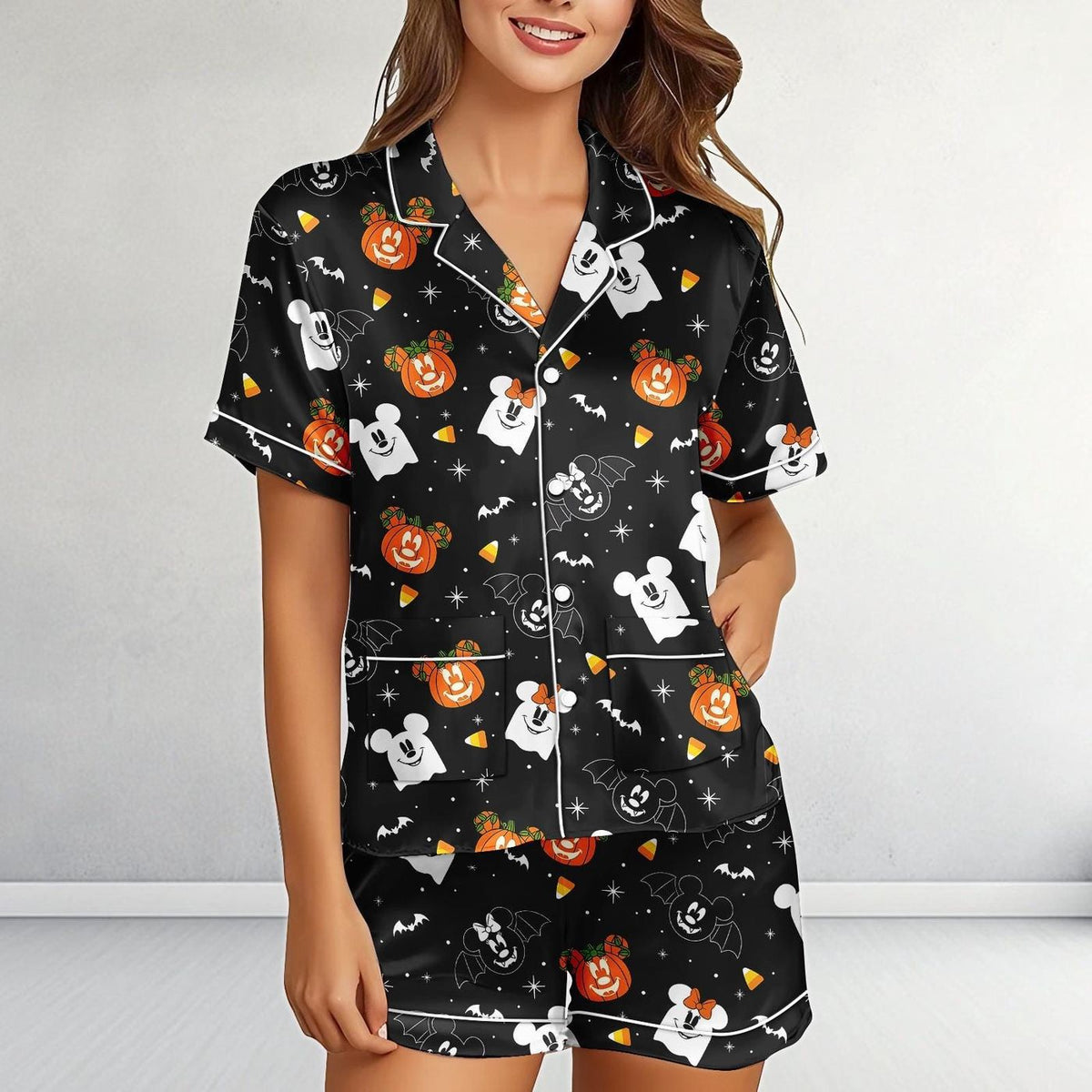 Disney Halloween Satin Pajamas Black Pumpkin Ghost Mickey Sleepwear