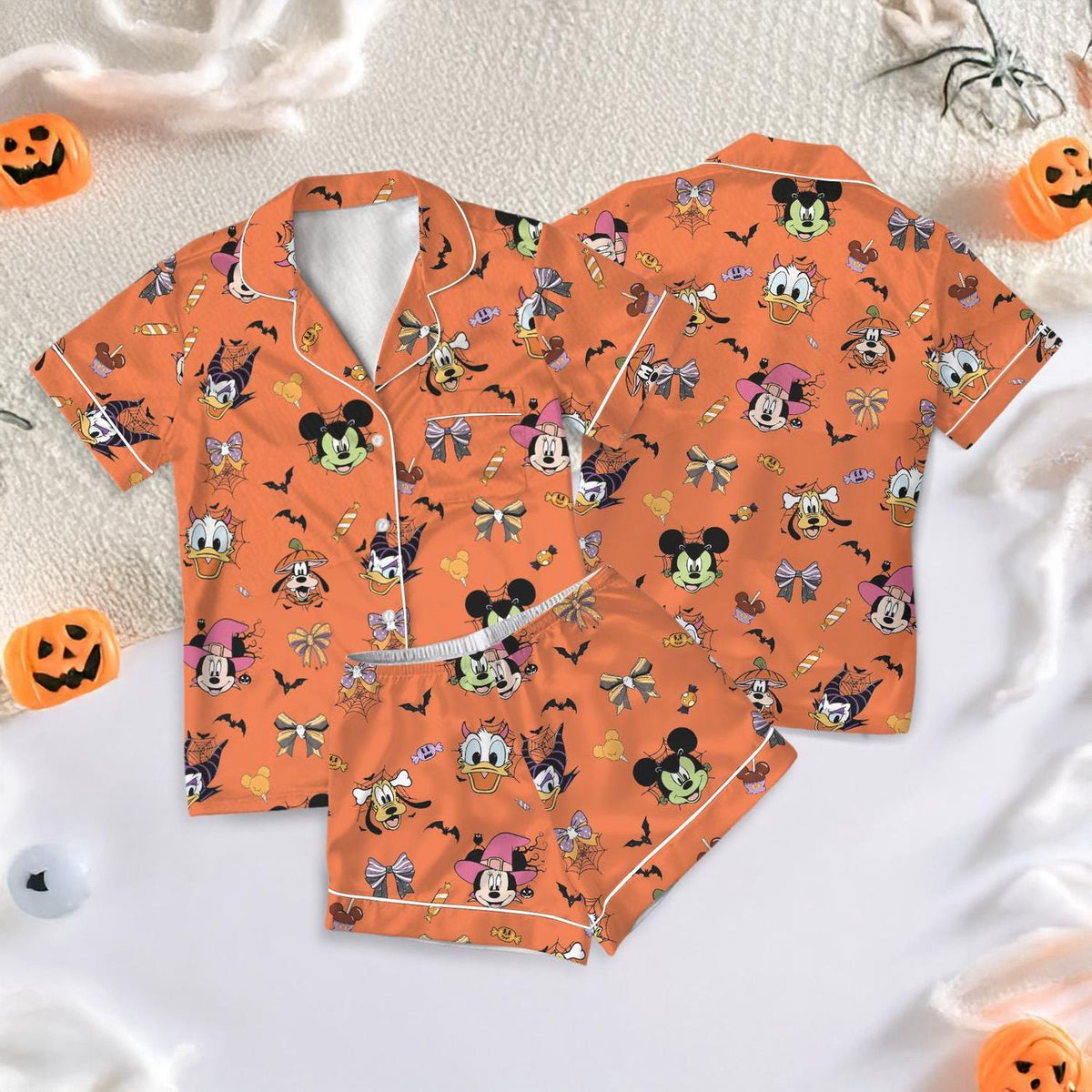 Disney Halloween Satin Pajamas Short Set Mickey & Friends Pumpkin Silk