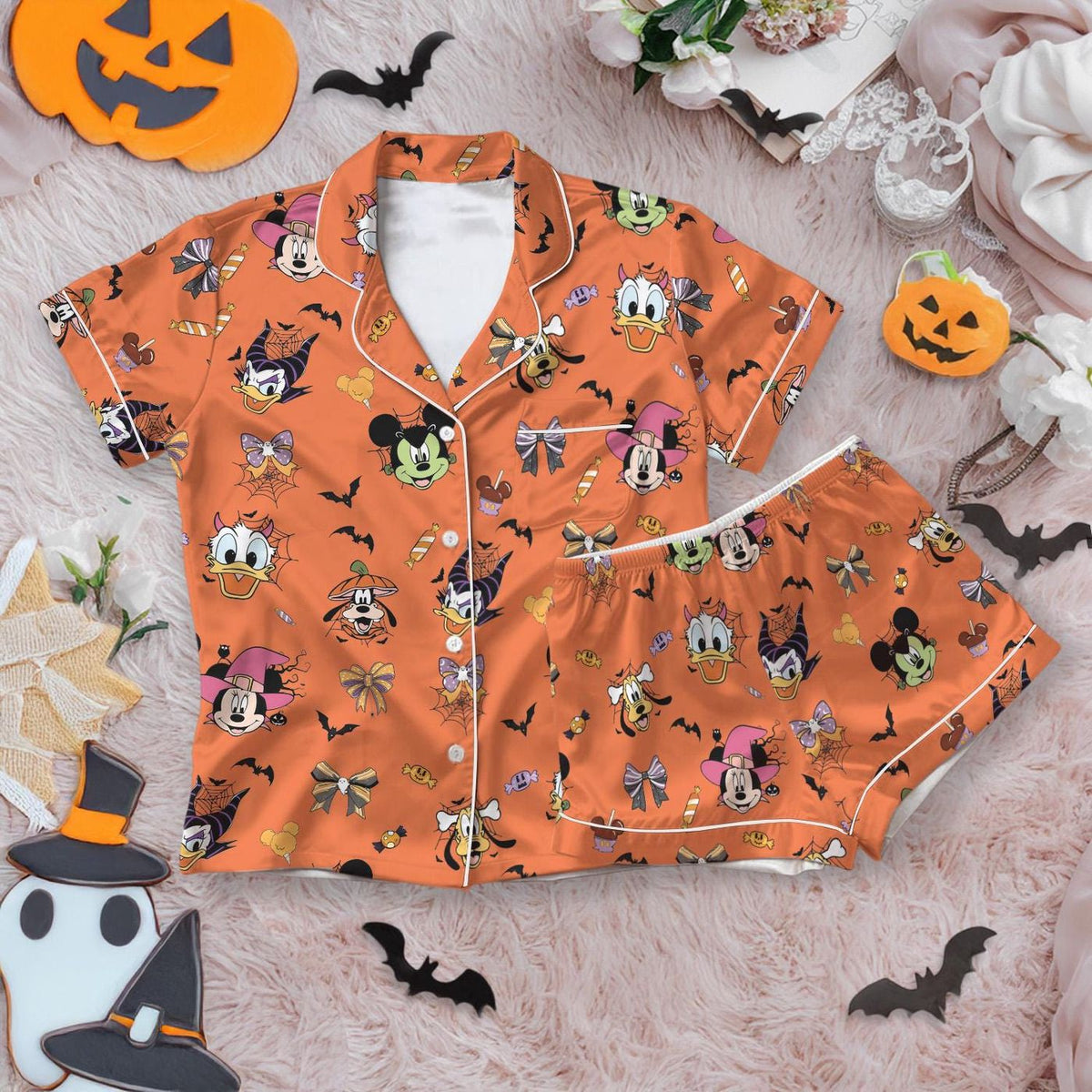 Disney Halloween Satin Pajamas Short Set Mickey & Friends Pumpkin Silk