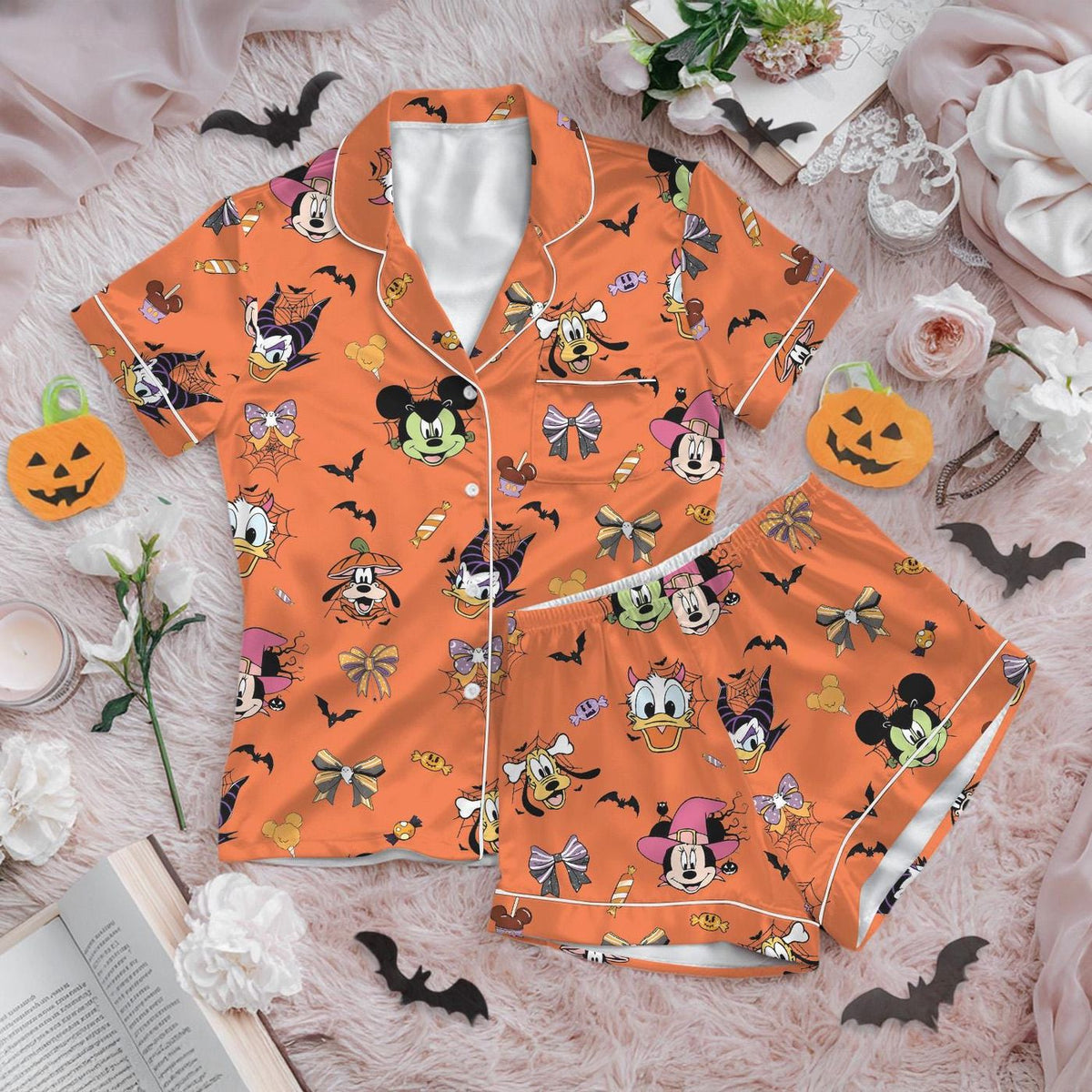 Disney Halloween Satin Pajamas Short Set Mickey & Friends Pumpkin Silk