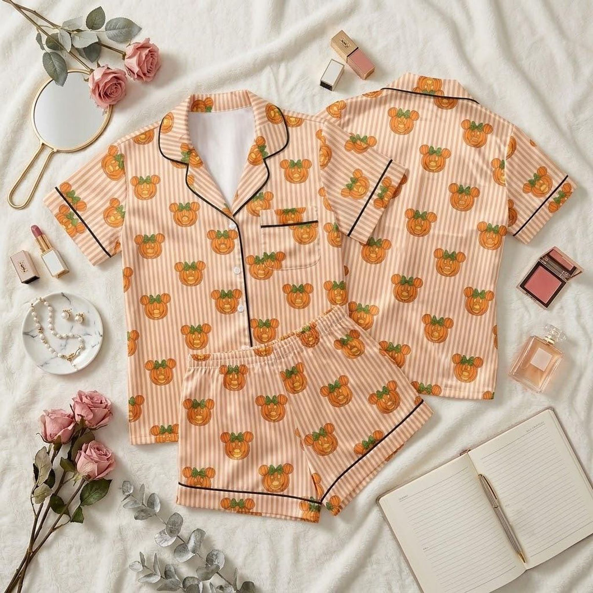 Mickey Minnie Halloween Pumpkin Pajama Set Matching Loungewear