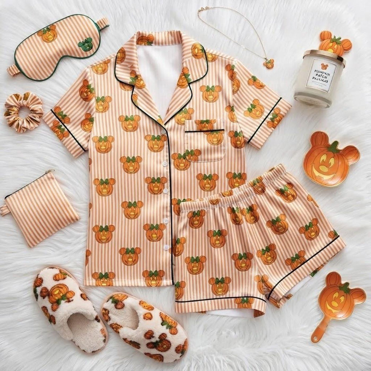 Mickey Minnie Halloween Pumpkin Pajama Set Matching Loungewear