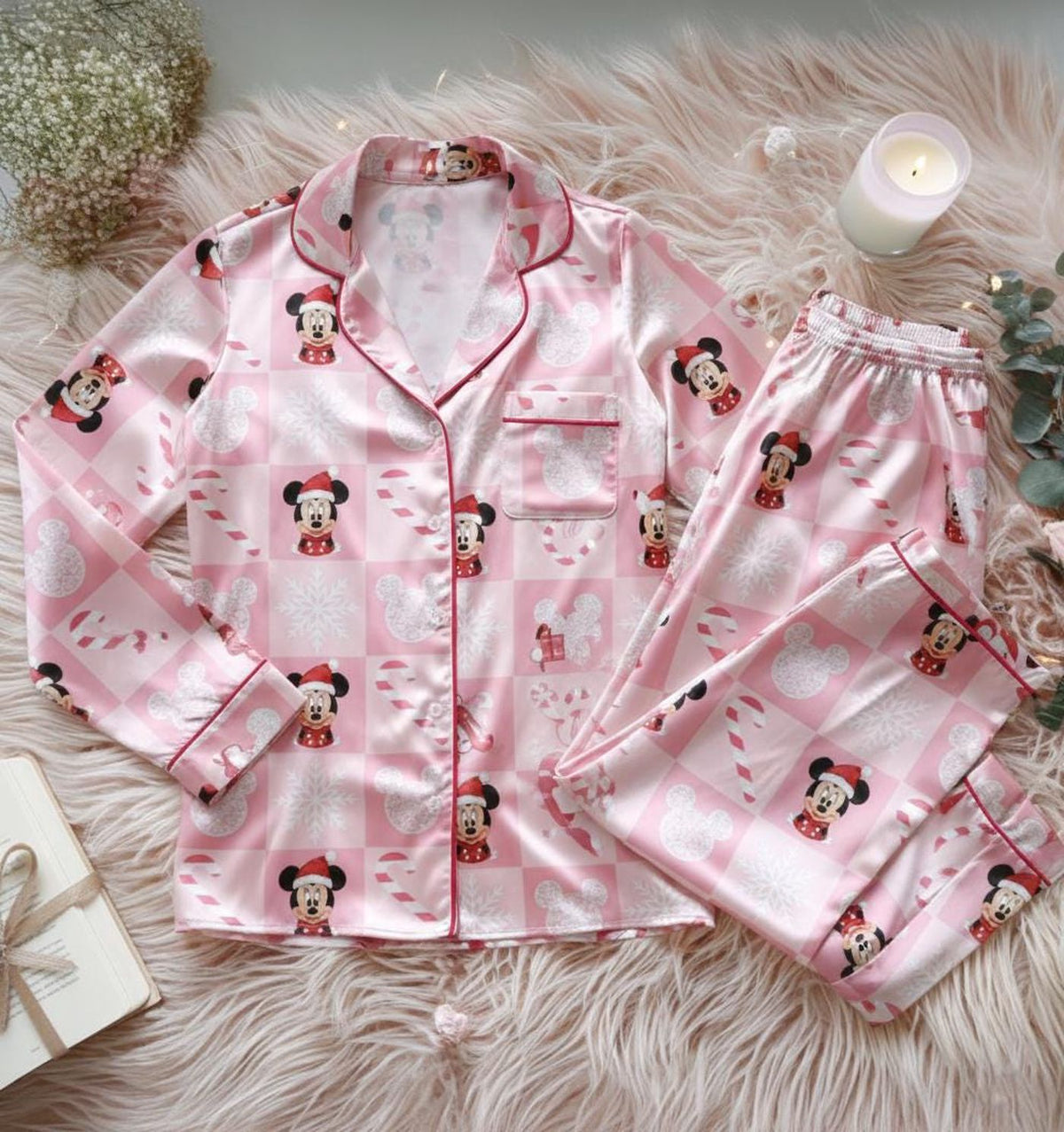 Disney Minnie Christmas Satin Pajamas Set Mickey s Very Merry Disneyland Xmas Pjs Minnie Mouse Sleepwear