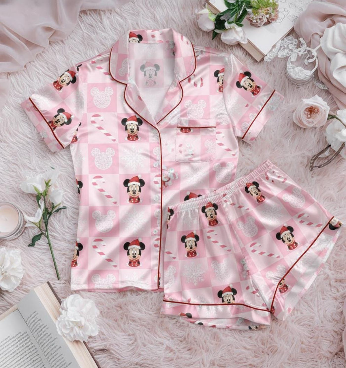 Disney Minnie Christmas Satin Pajamas Set Mickey s Very Merry Disneyland Xmas Pjs Minnie Mouse Sleepwear