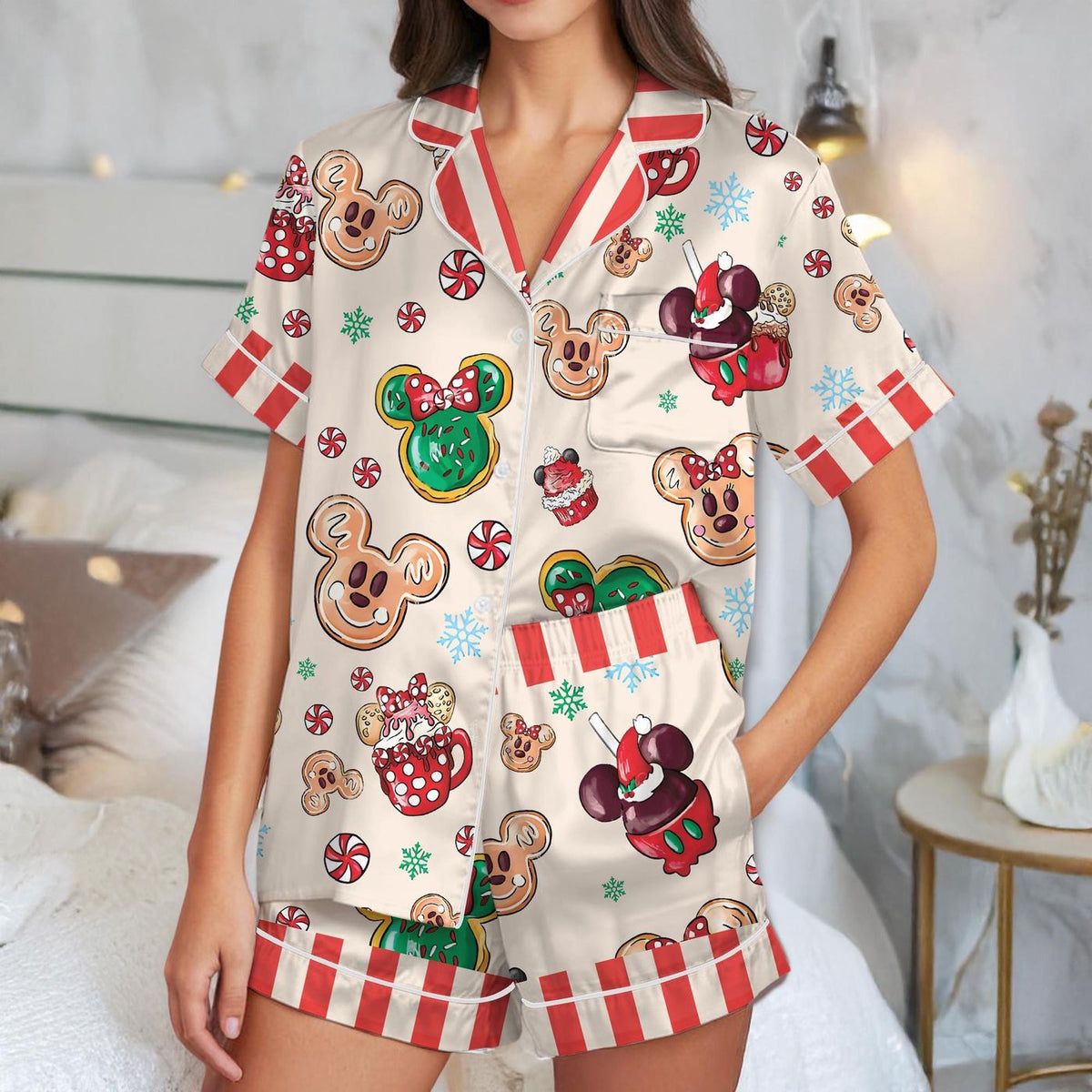 Disney Snacks Christmas Satin Pajamas Set Mickey Candy Disneyland Matching Girly Sleepwear