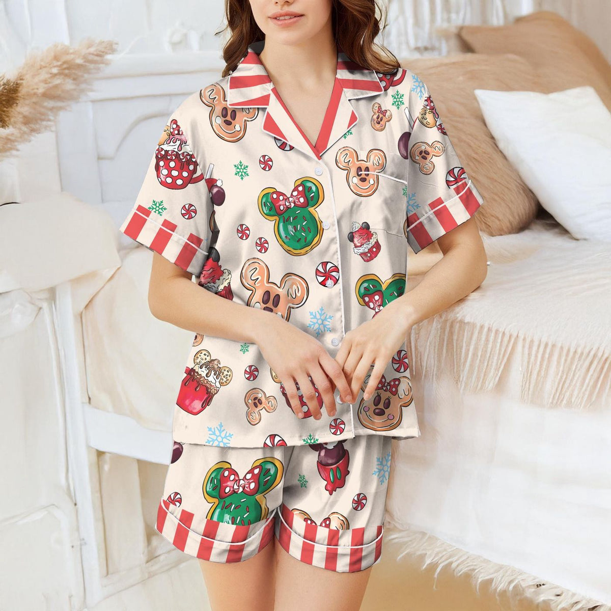 Disney Snacks Christmas Satin Pajamas Set Mickey Candy Disneyland Matching Girly Sleepwear