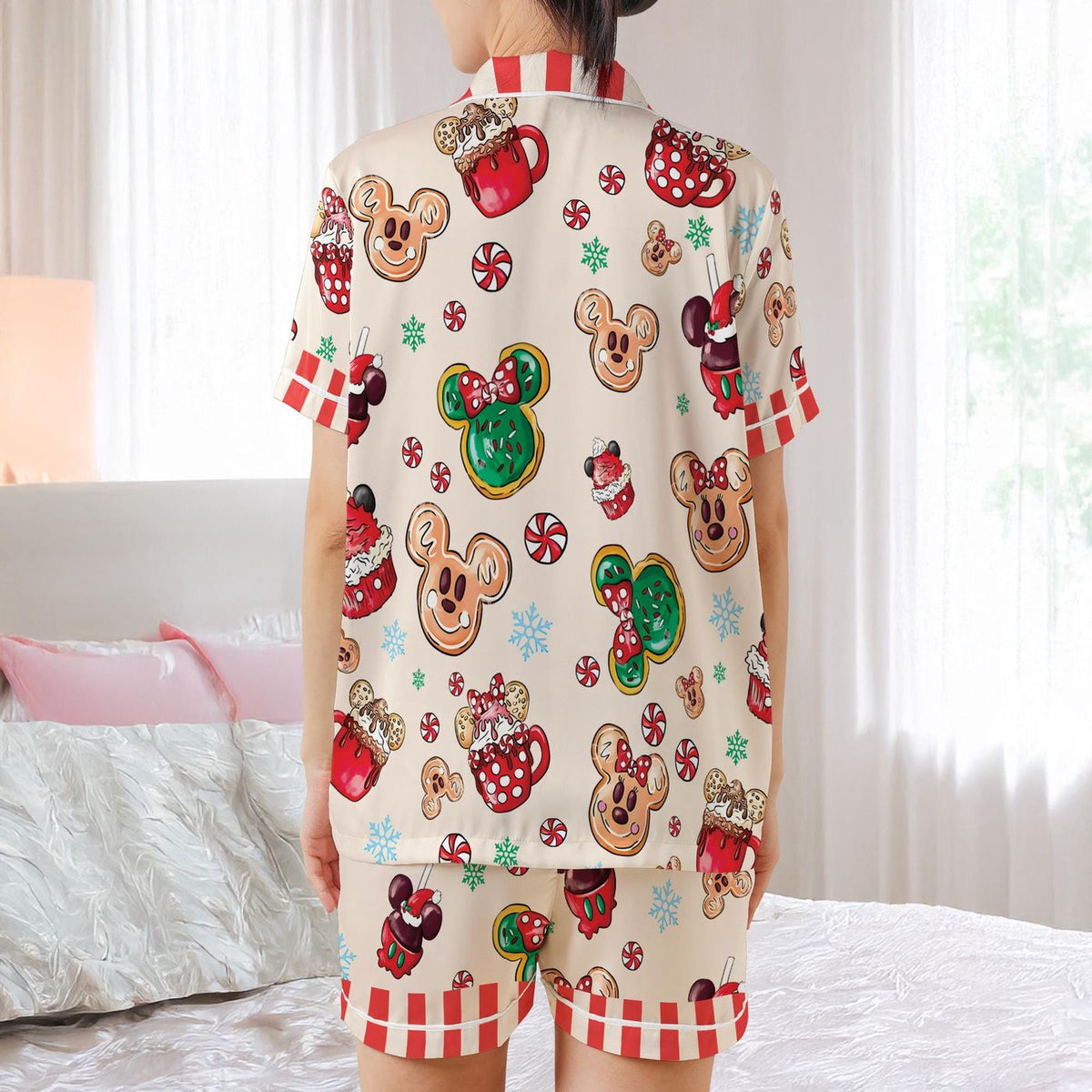 Disney Snacks Christmas Satin Pajamas Set Mickey Candy Disneyland Matching Girly Sleepwear