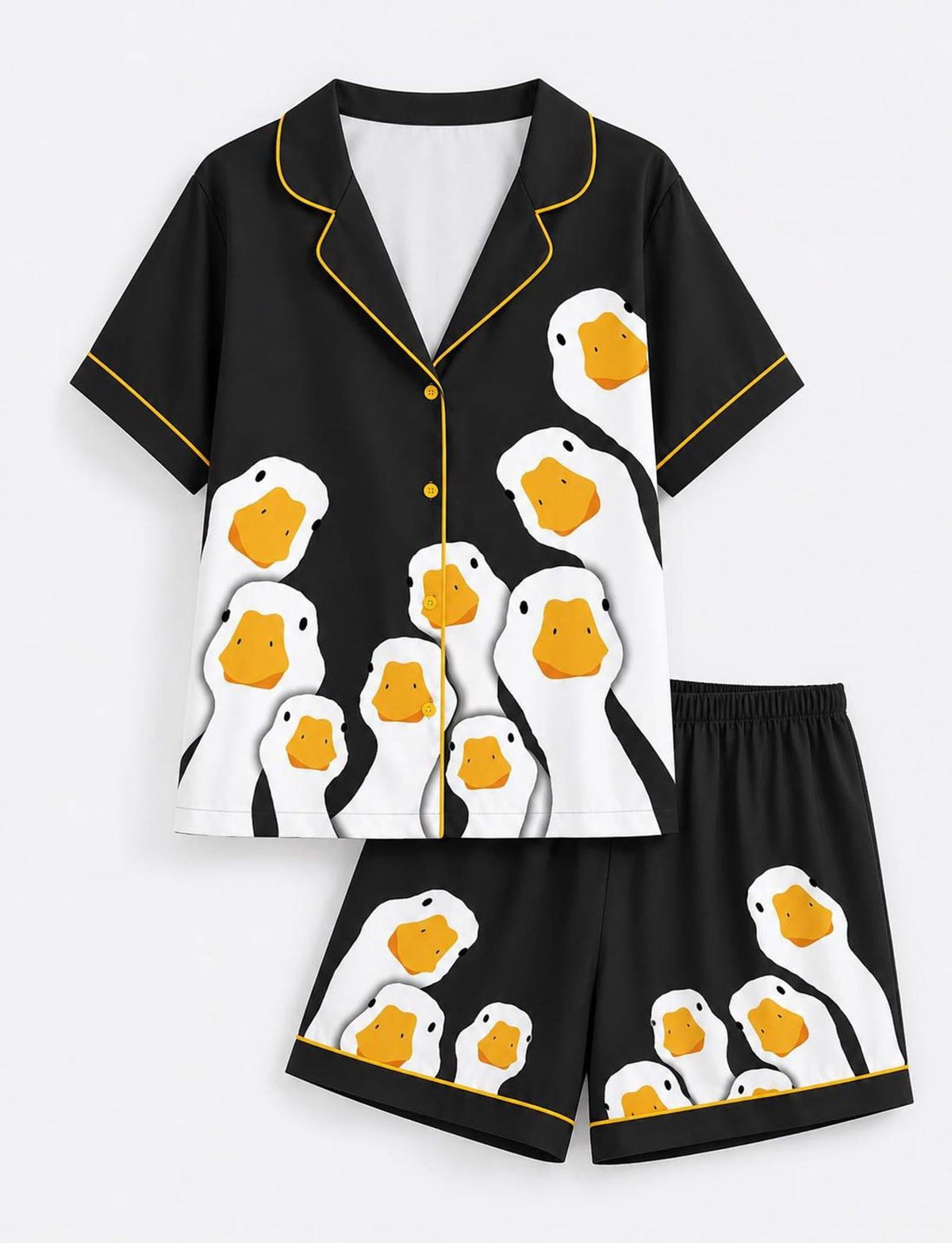 Duck Print Satin Pajama Set Black Women Animal Loungewear