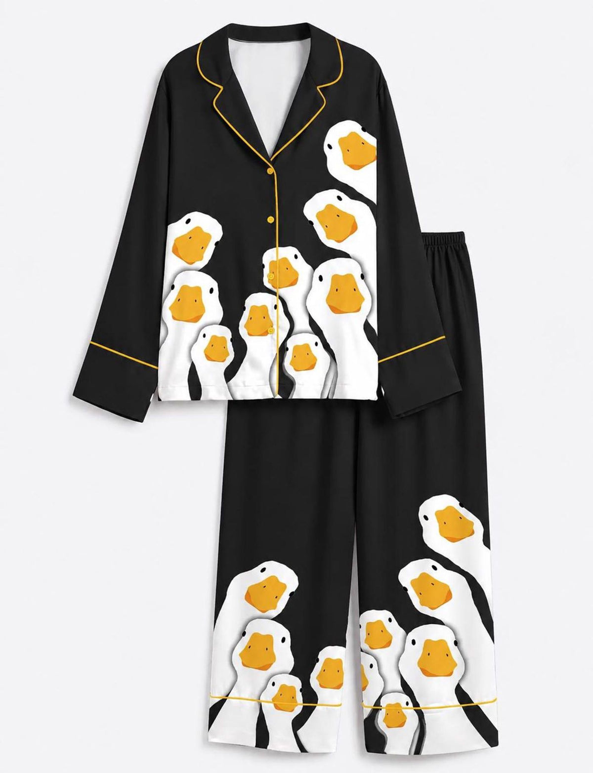Duck Print Satin Pajama Set Black Women Animal Loungewear