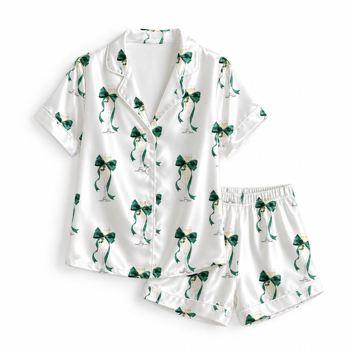 Green Bow Satin Pajama Set with Festive Ribbon Pattern - Stylish Holiday Sleepwear