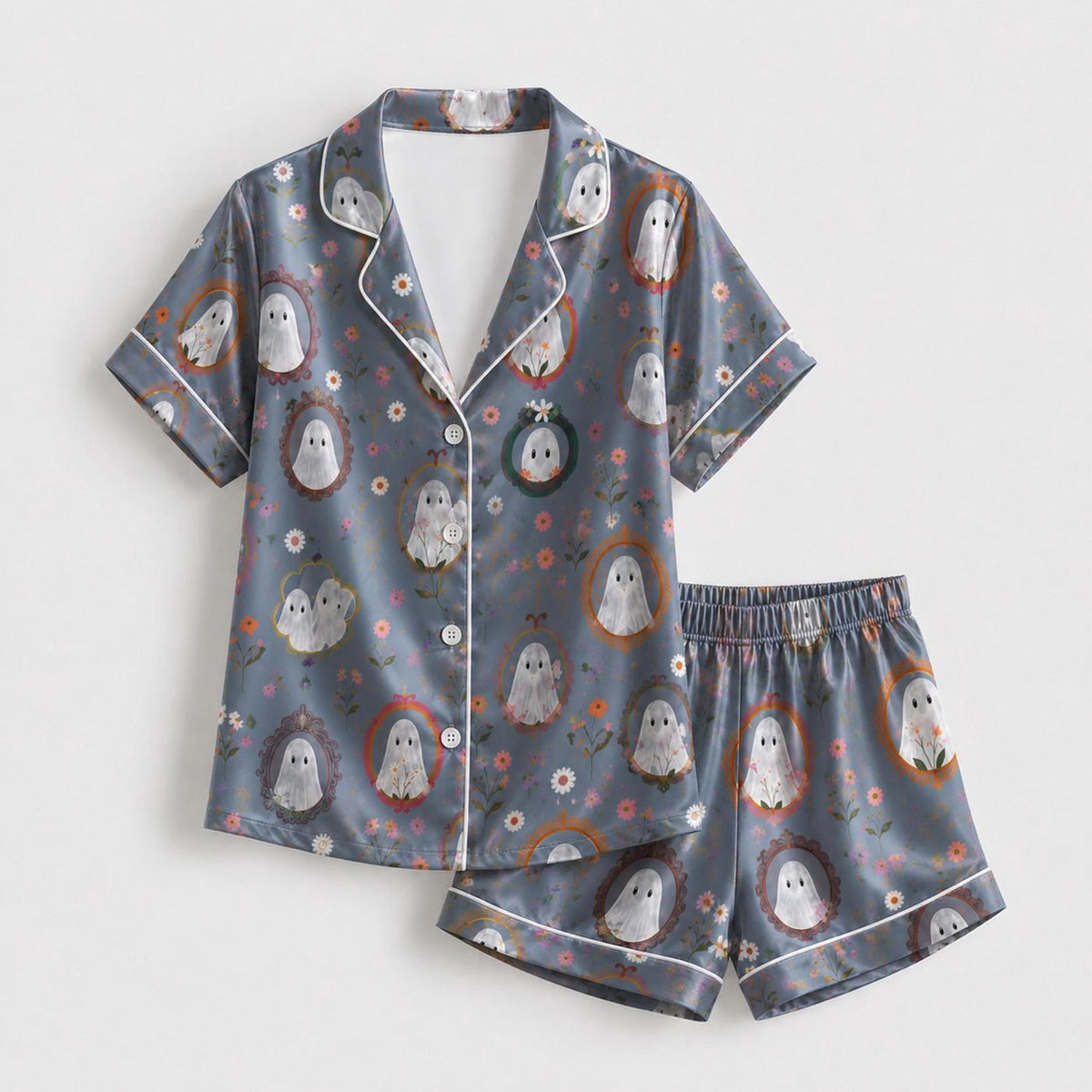 Elegant Halloween Satin Pajama Set: Spooky Minimalist Pattern for Cozy Fall Sleepwear