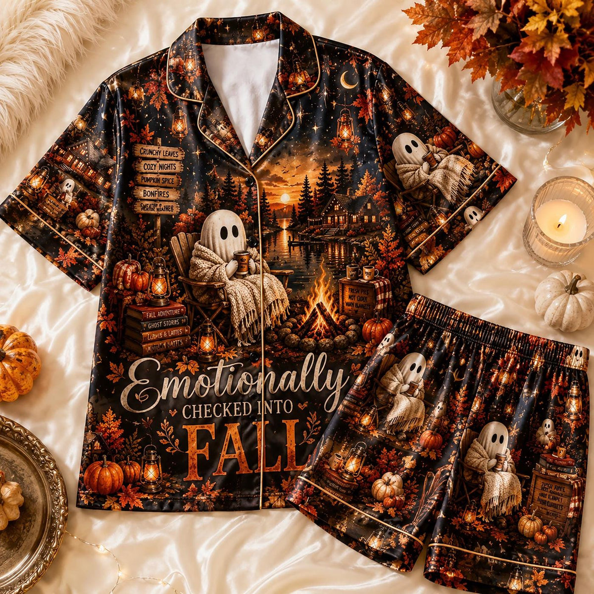 Cozy Ghost Halloween Pajamas: Emotionally Checked Into Fall Women PJ Set Spooky Autumn Sleepwear & Gift for Her