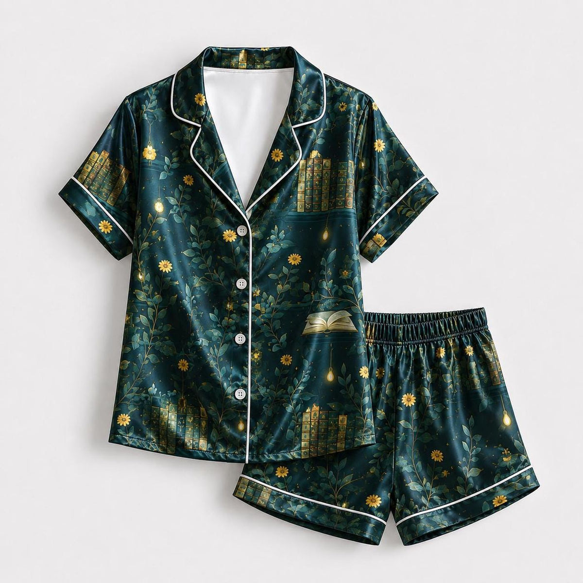 Enchanted Garden Satin Pajama Set: Golden Flowers Moonlit Architecture Dark Botanical Fantasy Pattern