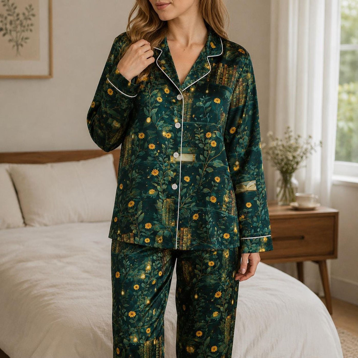 Enchanted Garden Satin Pajama Set: Golden Flowers Moonlit Architecture Dark Botanical Fantasy Pattern