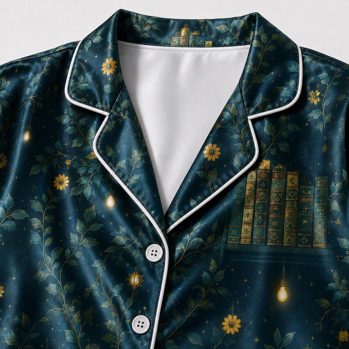 Enchanted Garden Satin Pajama Set: Golden Flowers Moonlit Architecture Dark Botanical Fantasy Pattern