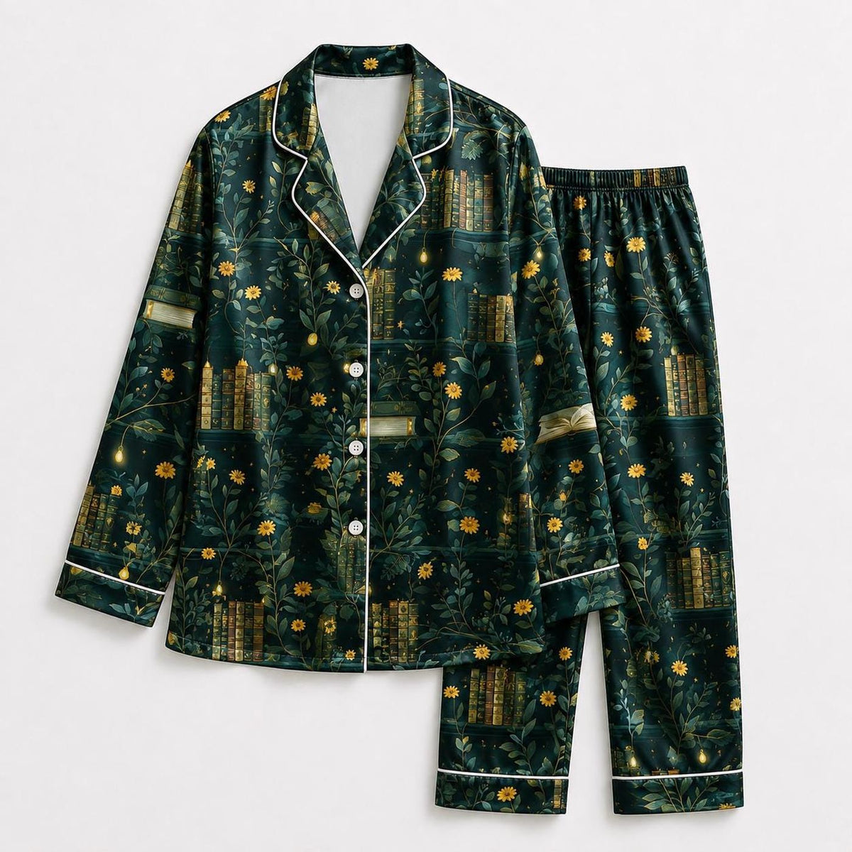 Enchanted Garden Satin Pajama Set: Golden Flowers Moonlit Architecture Dark Botanical Fantasy Pattern